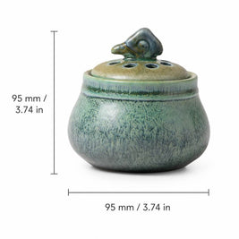 Ceramic electric incense burner dimension guide showing 95 mm / 3.74 in height and 95 mm / 3.74 in diameter for compact tabletop home fragrance use.