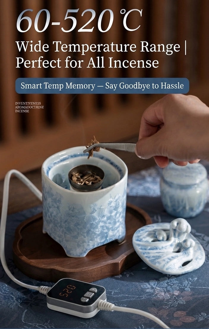 Ceramic electric incense burner with 60–520°C adjustable temperature control, smart memory function, and removable lid.