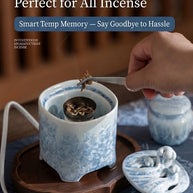 Ceramic electric incense burner with 60–520°C adjustable temperature control, smart memory function, and removable lid.