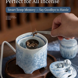 Ceramic electric incense burner with 60–520°C adjustable temperature control, smart memory function, and removable lid.