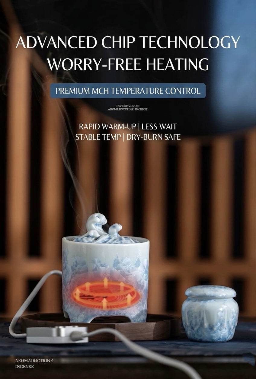 Blue and white ceramic electric incense burner with MCH temperature control for rapid warm-up and stable heating.