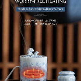 Blue and white ceramic electric incense burner with MCH temperature control for rapid warm-up and stable heating.