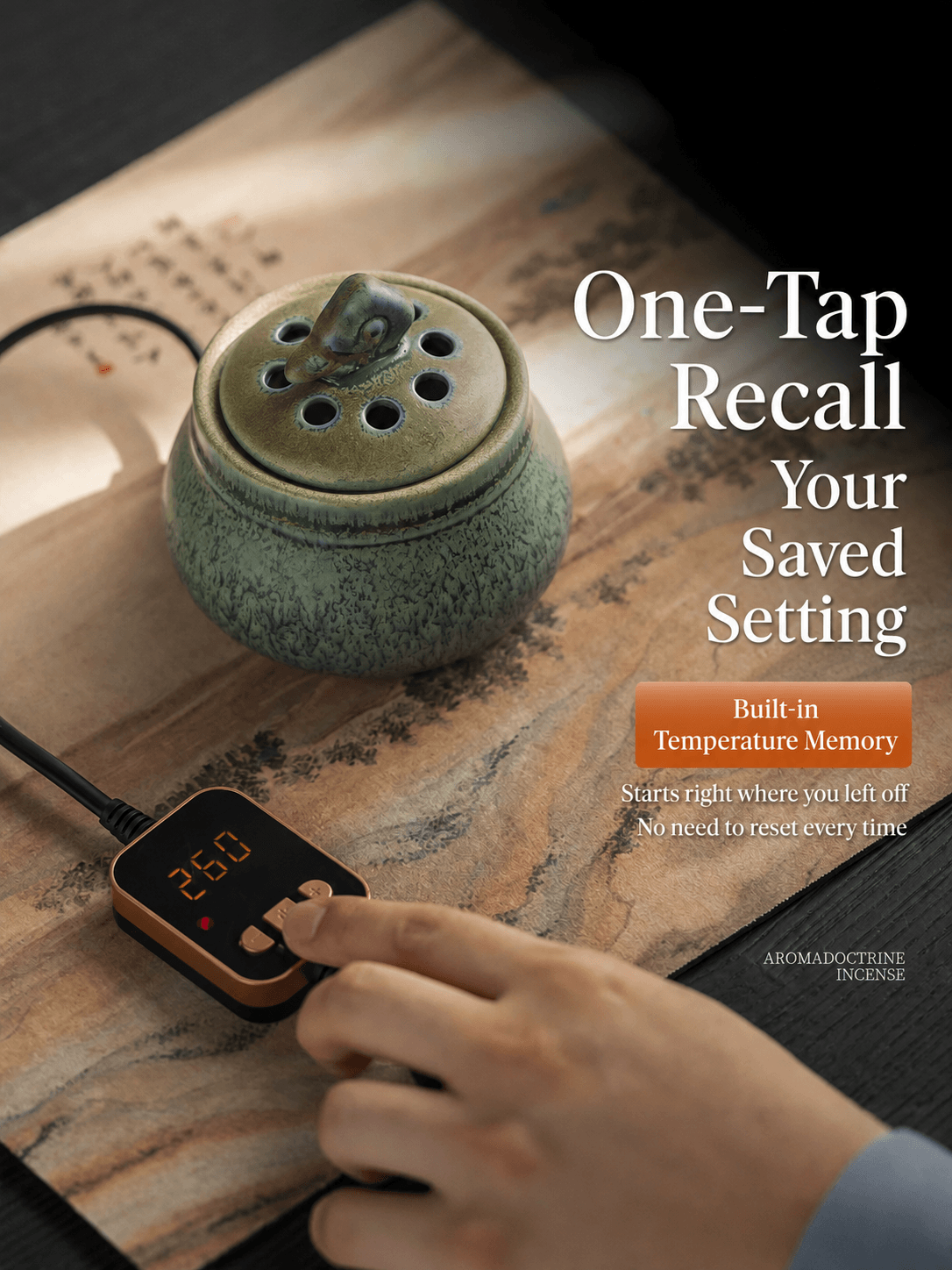 Ceramic electric incense burner with one tap temperature memory, saved heat setting recall, adjustable controller, and flameless aroma heating for incense chips, resin, and home fragrance use.