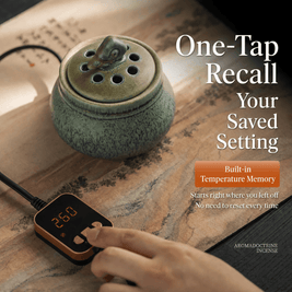 Ceramic electric incense burner with one tap temperature memory, saved heat setting recall, adjustable controller, and flameless aroma heating for incense chips, resin, and home fragrance use.