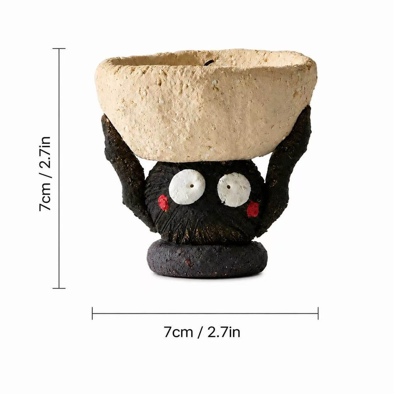Handmade ceramic Soot Spirit candle holder shown with size measurements of 7 cm by 7 cm, or 2.7 inches by 2.7 inches.