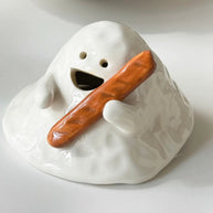 Hand-painted ceramic ghost incense holder for cone incense, glossy white with matching base on a white background