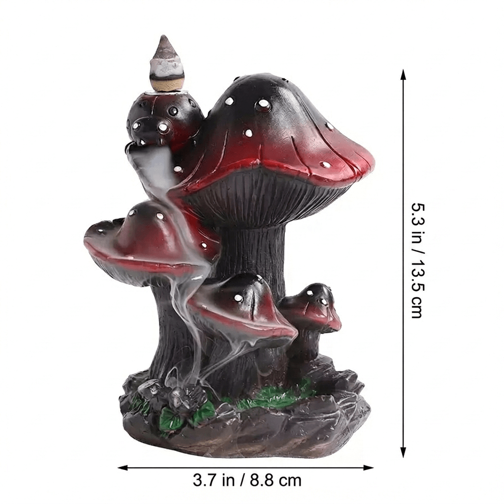 Full view of a creative resin mushroom backflow incense burner with red and black mushroom caps, shown with incense smoke flowing downward and size markings of 5.3 in / 13.5 cm height and 3.7 in / 8.8 cm width.