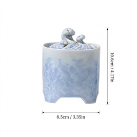 Blue and white crystalline glaze ceramic electric incense burner showing 8.5 cm width and 10.6 cm height dimensions.