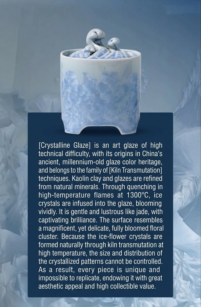 Blue and white crystalline glaze ceramic electric incense burner with natural kiln-transmuted floral patterns and porcelain craftsmanship details.