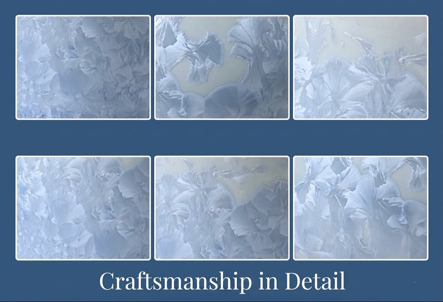 Close-up details of blue and white crystalline glaze patterns on a ceramic electric incense burner.