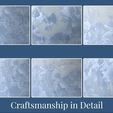 Close-up details of blue and white crystalline glaze patterns on a ceramic electric incense burner.
