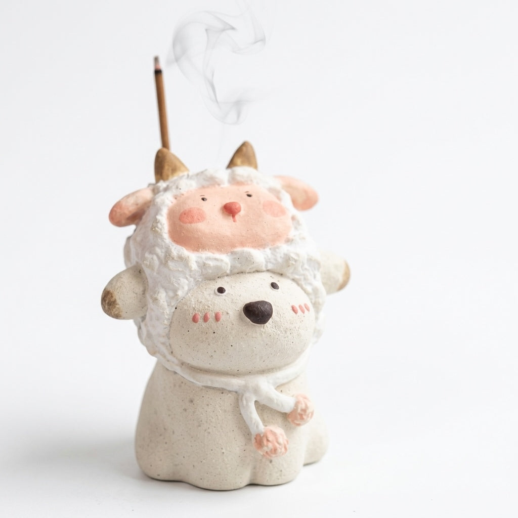 Custom handmade ceramic incense holder featuring a cute bear in a fluffy sheep costume with a smoking incense stick on a white background