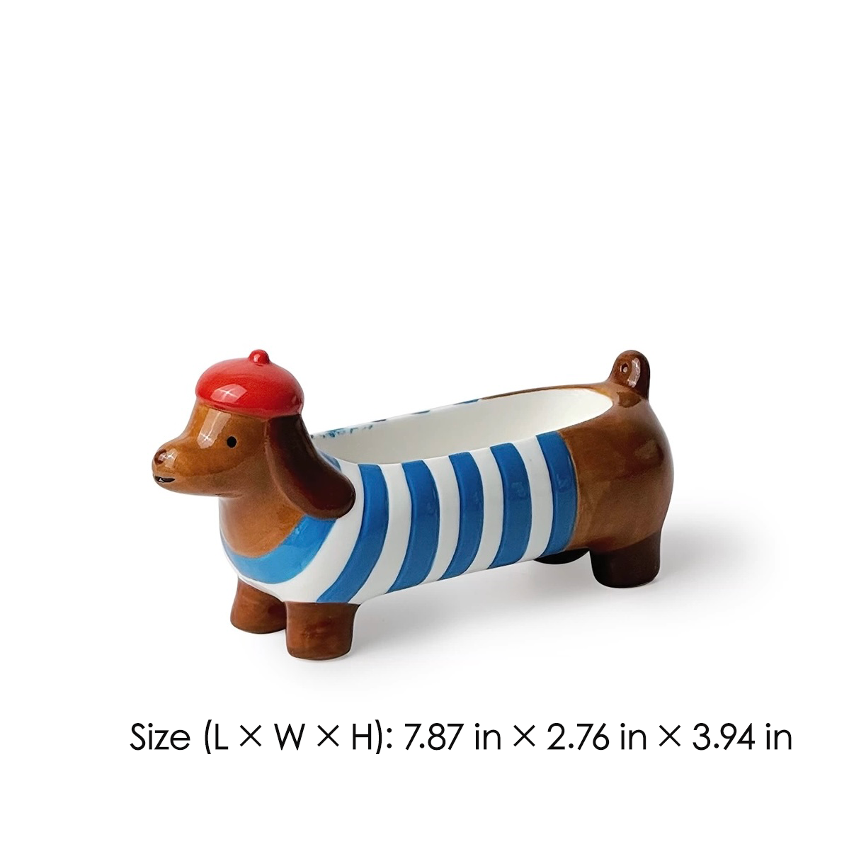 Brown ceramic dachshund incense holder with blue-white stripes and a red beret on a white background; dimensions shown as 7.87 in × 2.76 in × 3.94 in.