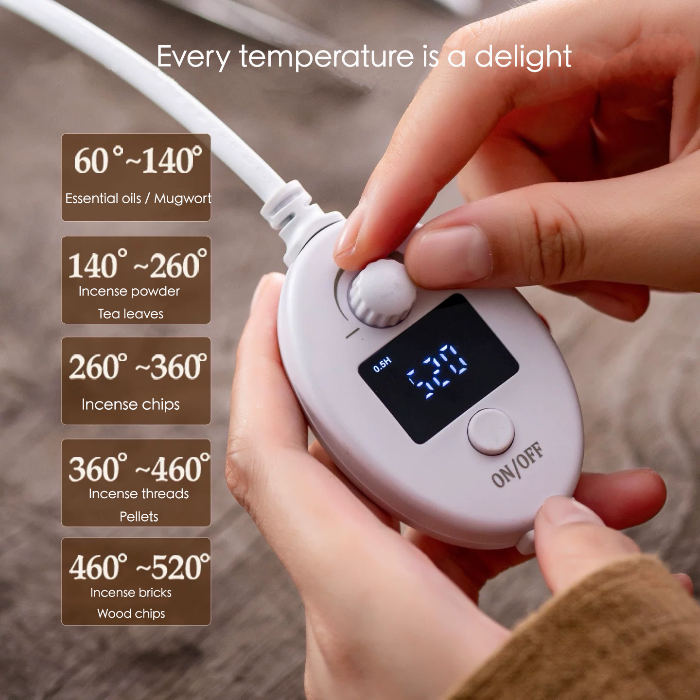 Hand adjusting the digital temperature controller for an electric incense burner with temperature ranges from 60 to 520 degrees for oils incense powder chips pellets and wood