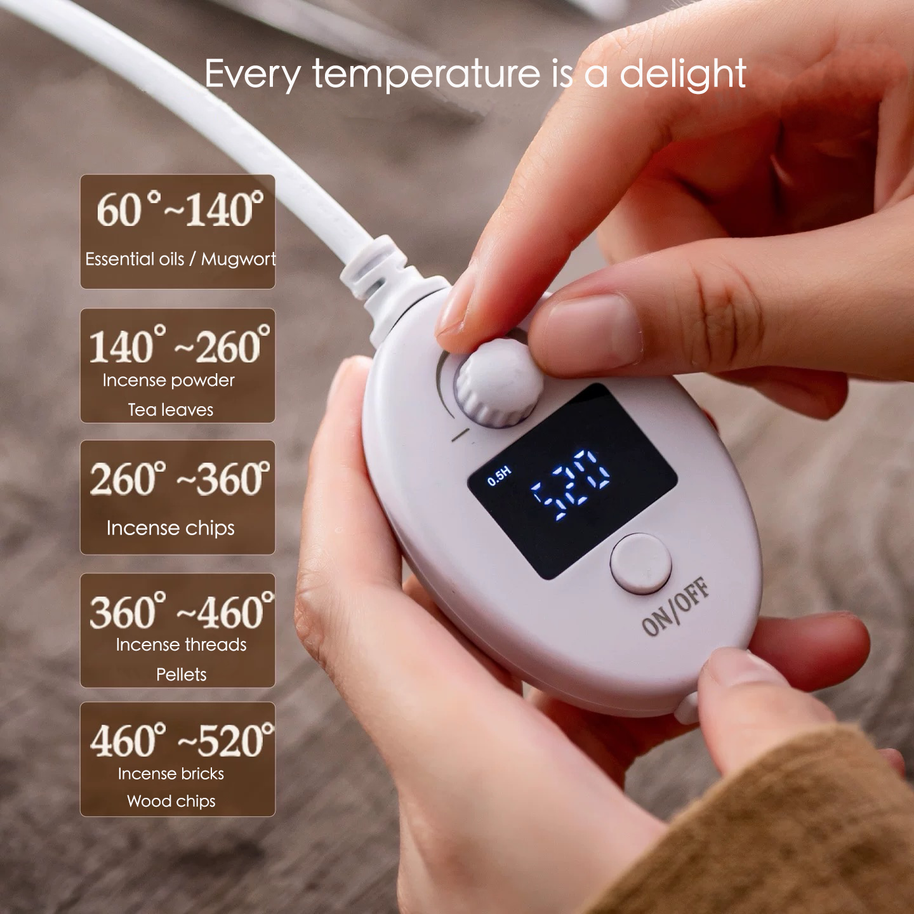 Hand adjusting the digital temperature controller for an electric incense burner with temperature ranges from 60 to 520 degrees for oils incense powder chips pellets and wood
