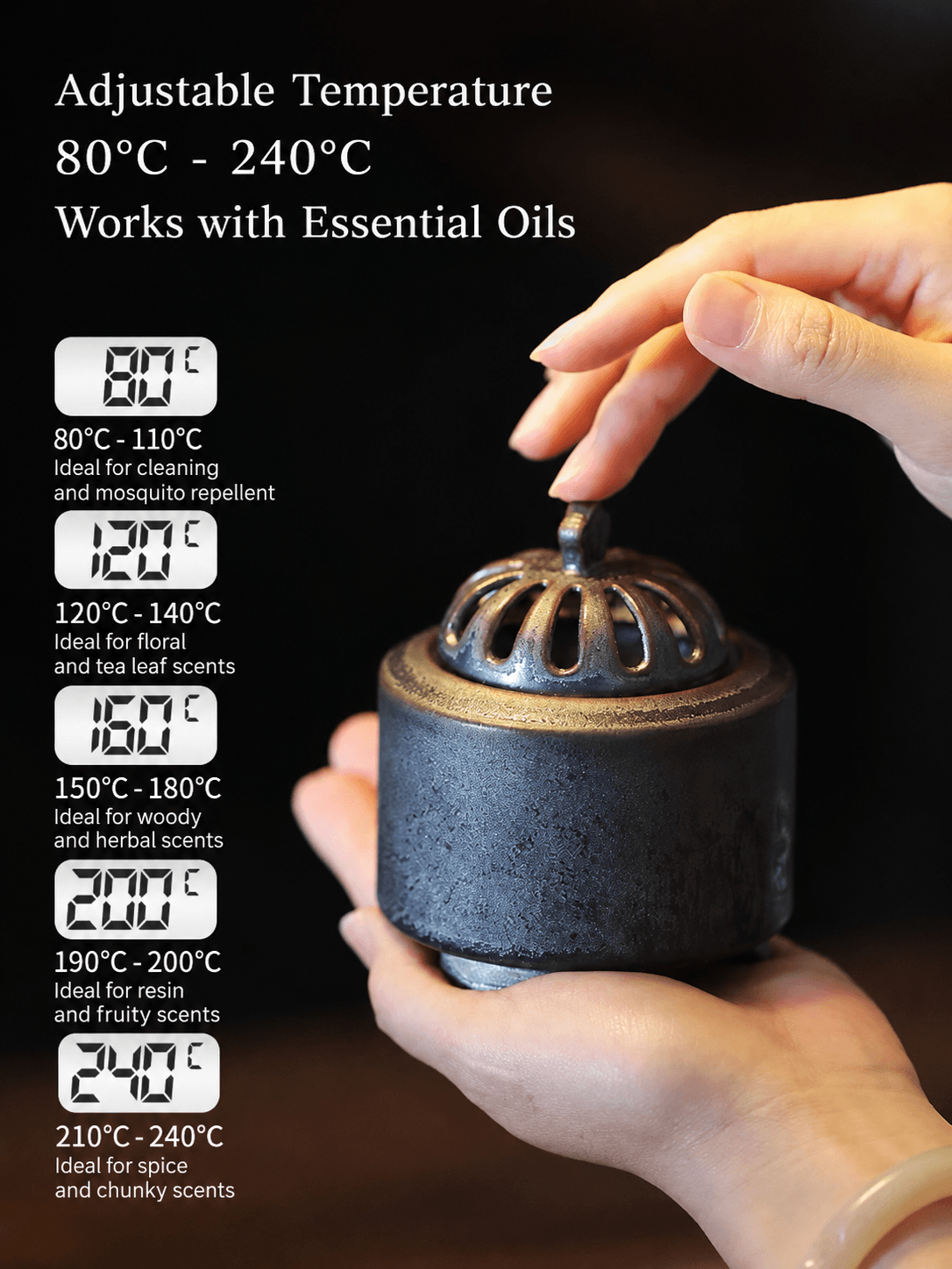 Obsidian black ceramic electric incense burner with adjustable temperature settings from 80 to 240 degrees Celsius for essential oils wood resin and herbal scents