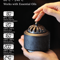Obsidian black ceramic electric incense burner with adjustable temperature settings from 80 to 240 degrees Celsius for essential oils wood resin and herbal scents