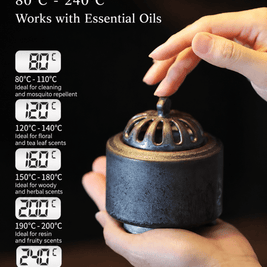 Obsidian black ceramic electric incense burner with adjustable temperature settings from 80 to 240 degrees Celsius for essential oils wood resin and herbal scents