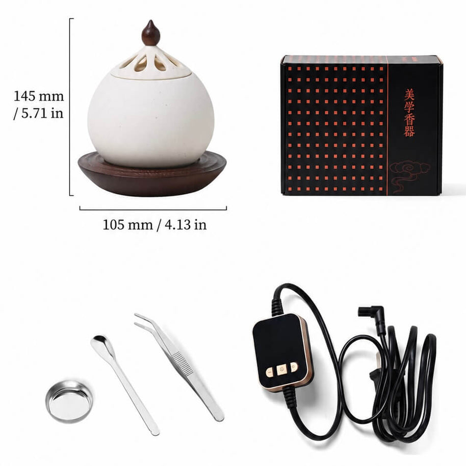A complete product set layout showing a white electric ceramic incense burner with dimensions 145mm high and 105mm wide, alongside its black packaging box, metal tweezers, a metal spoon, a small metal dish, and a power cord with a digital temperature controller.