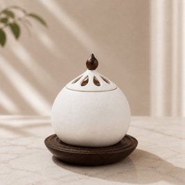 A close-up of a white electric ceramic incense burner resting on a solid wood base, sitting on a light-colored table in soft sunlight.