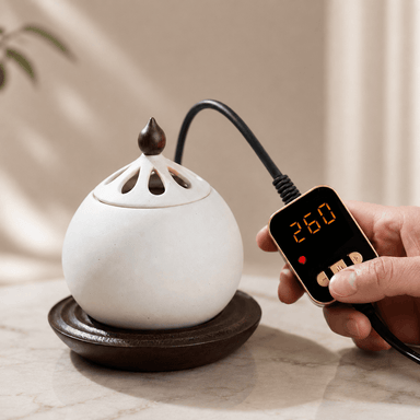 A hand adjusting the digital temperature controller displaying 260°C for a white electric ceramic incense burner sitting on a solid wood base