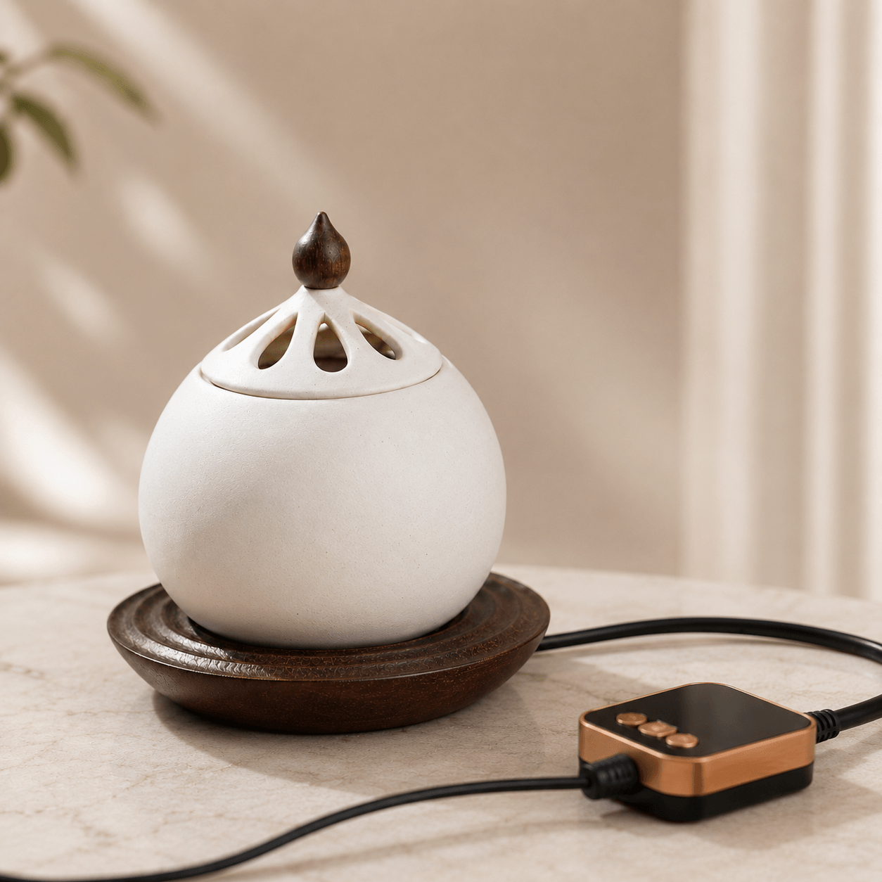 A white electric ceramic incense burner sitting on a solid wood base, with a digital temperature controller resting on the table next to it.
