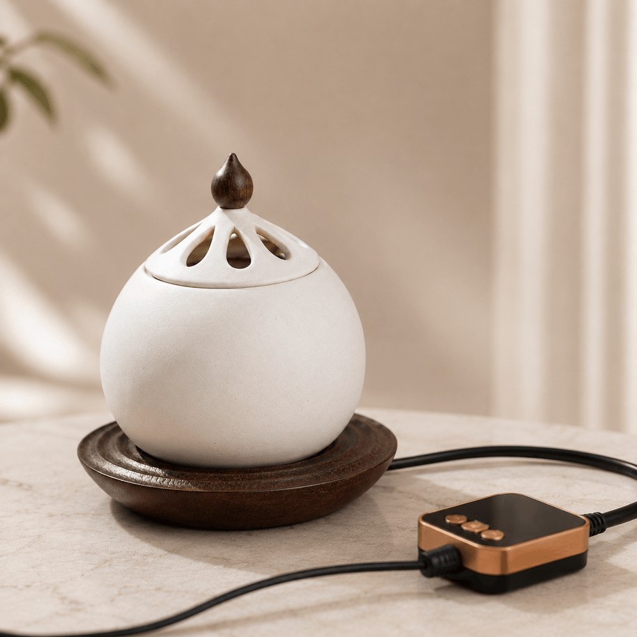 A white electric ceramic incense burner sitting on a solid wood base, with a digital temperature controller resting on the table next to it.