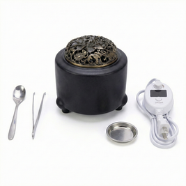 Electric incense burner with digital adjustable temperature and timer, shown with spoon, tweezers, metal dish, and USB power controller on a white background