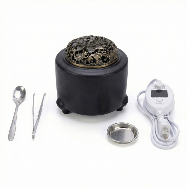 Electric incense burner with digital adjustable temperature and timer, shown with spoon, tweezers, metal dish, and USB power controller on a white background