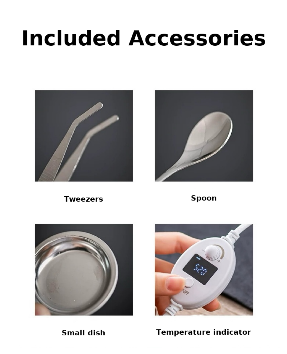Included accessories for the electric incense burner with digital adjustable temperature and timer, featuring tweezers, spoon, small metal dish, and temperature controller with display