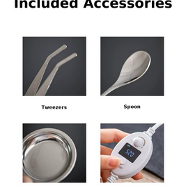 Included accessories for the electric incense burner with digital adjustable temperature and timer, featuring tweezers, spoon, small metal dish, and temperature controller with display