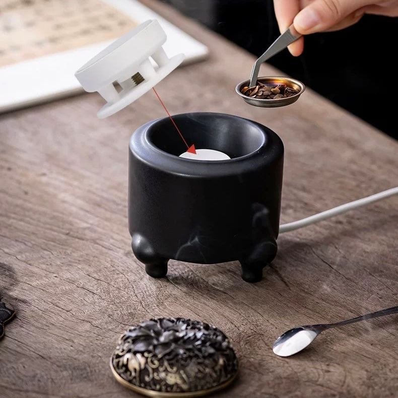 Electric incense burner with digital adjustable temperature and timer shown in setup view with removable lid, heating core, resin dish, tweezers, and spoon on a wooden tabletop