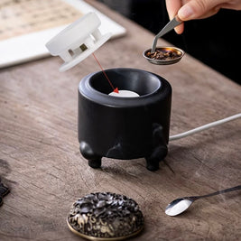 Electric incense burner with digital adjustable temperature and timer shown in setup view with removable lid, heating core, resin dish, tweezers, and spoon on a wooden tabletop