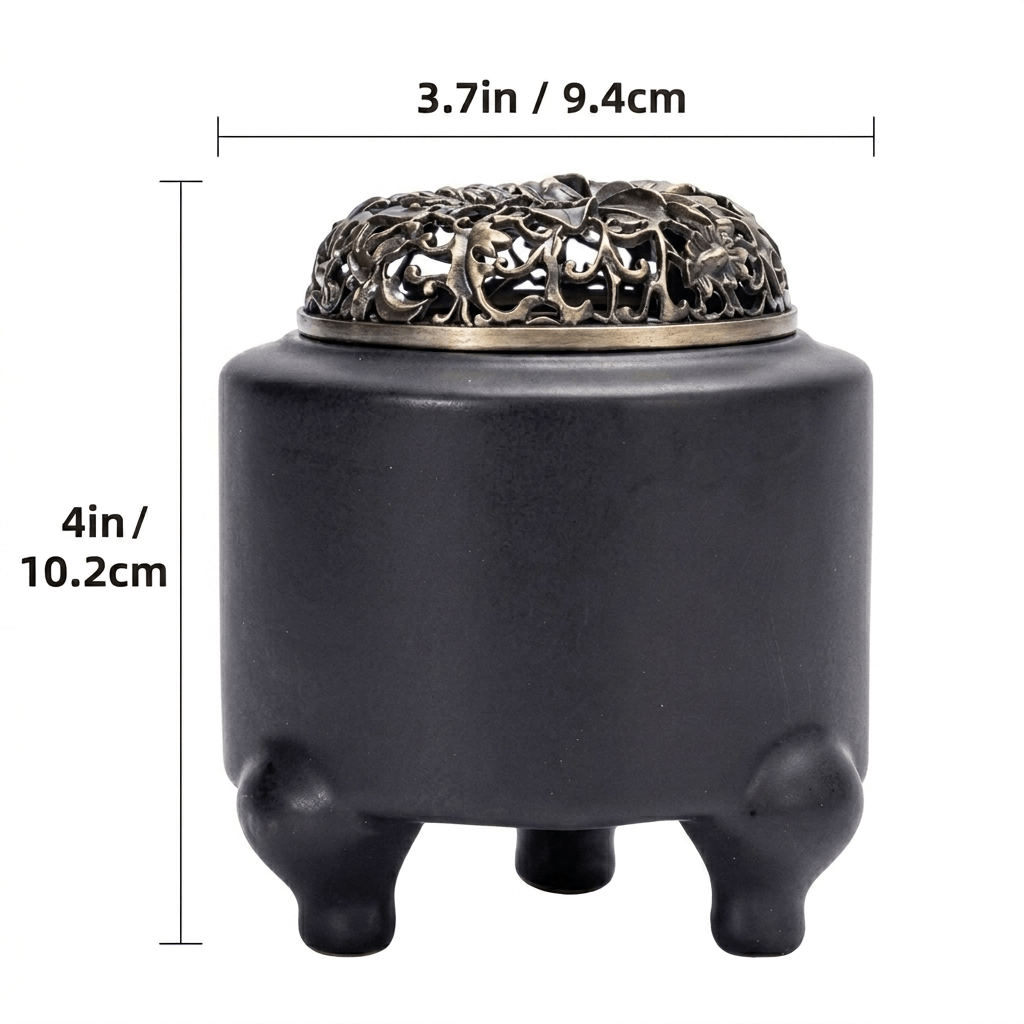 Size chart for the electric incense burner with digital adjustable temperature and timer, showing the compact black burner with ornate lid and a width of 3.7 inches