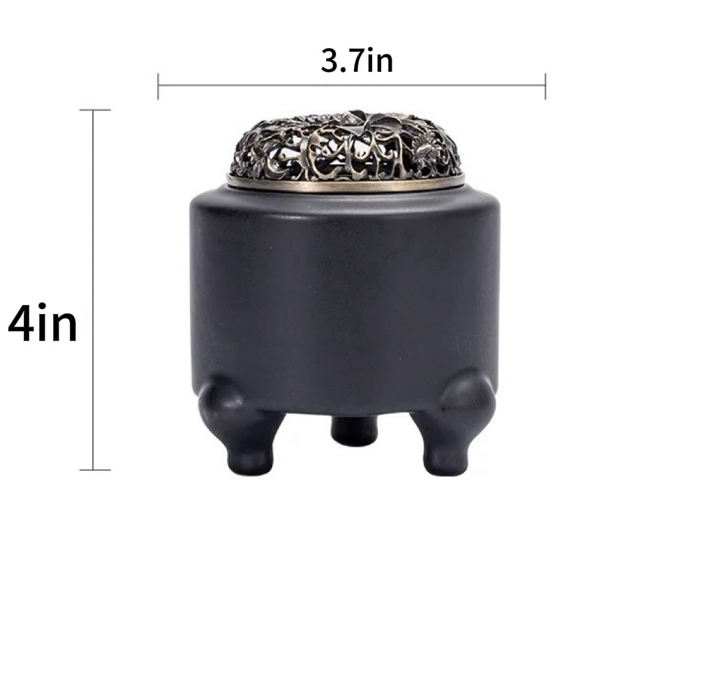 Size chart for the electric incense burner with digital adjustable temperature and timer, showing the compact black burner with ornate lid and a width of 3.7 inches