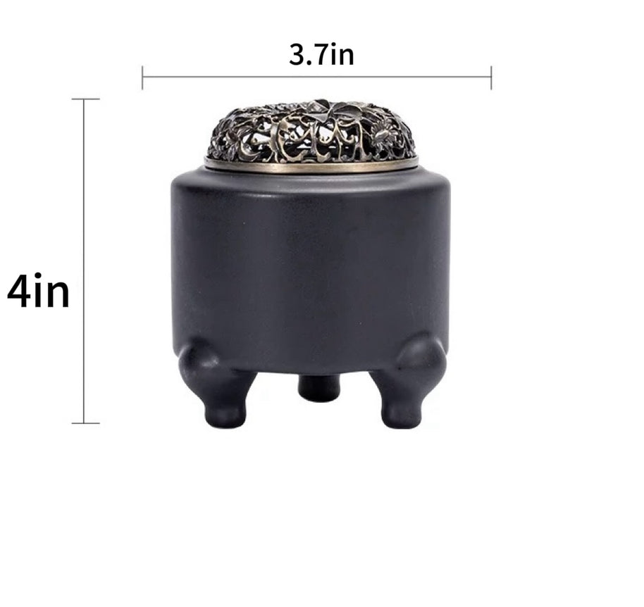 Size chart for the electric incense burner with digital adjustable temperature and timer, showing the compact black burner with ornate lid and a width of 3.7 inches