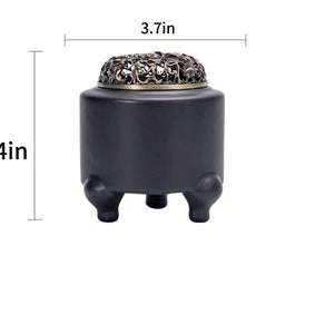 Size chart for the electric incense burner with digital adjustable temperature and timer, showing the compact black burner with ornate lid and a width of 3.7 inches