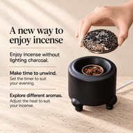 Hand holding the decorative lid above an electric incense burner, highlighting charcoal-free use, timed sessions and adjustable heat for different incense.