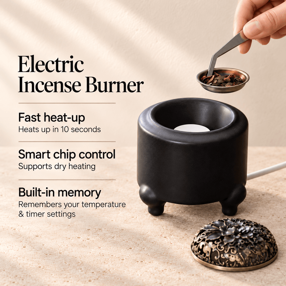 Open electric incense burner with a removable incense dish, 10-second heat-up, chip-controlled dry heating and temperature and timer memory.