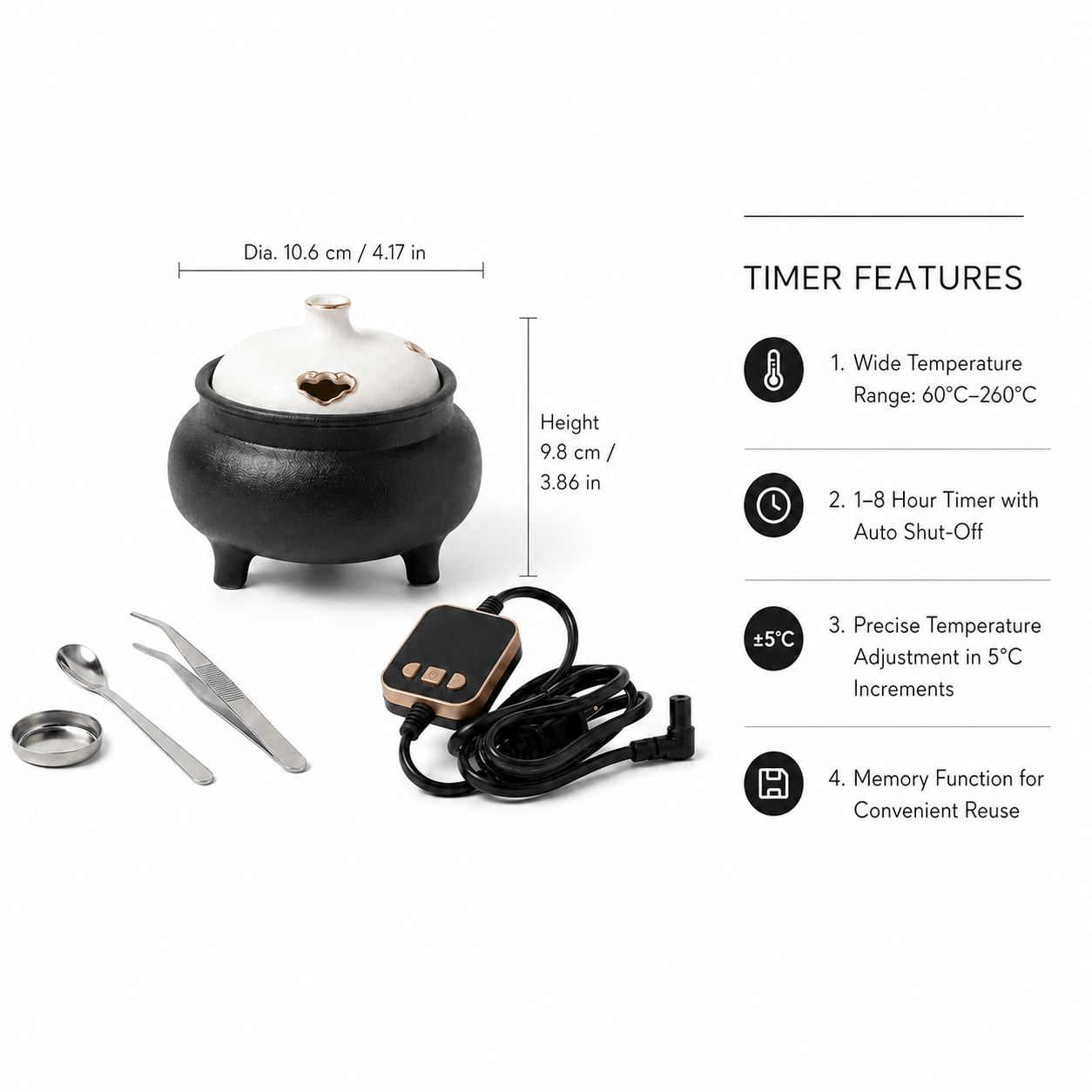 Large capacity electric incense burner with 10.6 cm diameter, 9.8 cm height, 60–260°C heat range, 1–8 hour auto shut-off timer, and memory function.