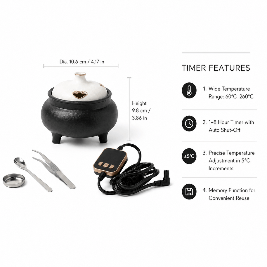 Large capacity electric incense burner with 10.6 cm diameter, 9.8 cm height, 60–260°C heat range, 1–8 hour auto shut-off timer, and memory function.