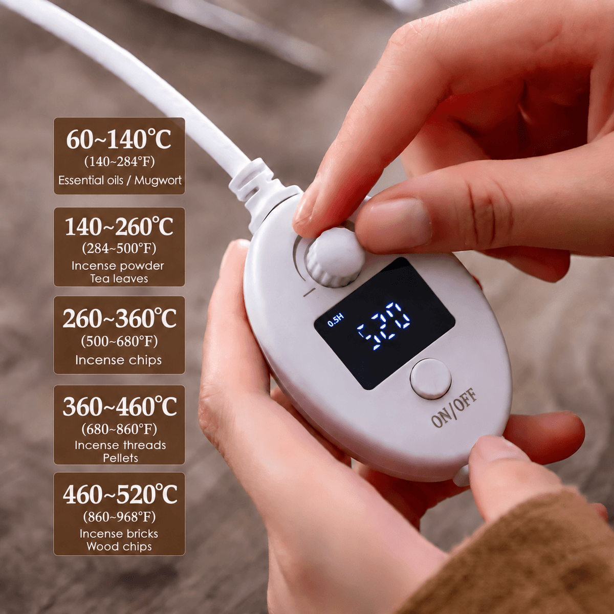 Electric incense burner controller with a 60–520°C temperature guide and Fahrenheit equivalents in parentheses.