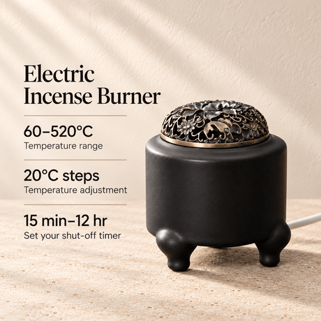 Black electric incense burner with a 60–520°C temperature range, 20°C adjustment steps and a 15-minute to 12-hour shut-off timer.