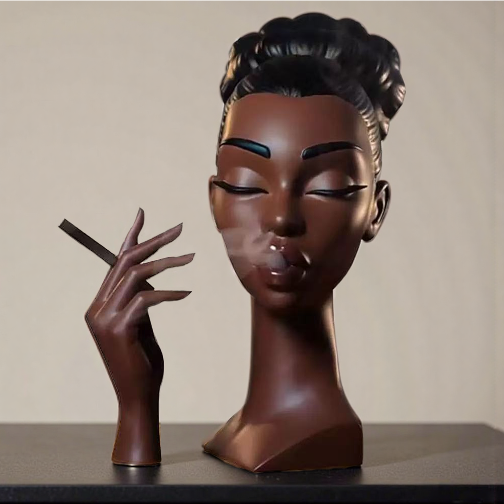 Stylish black woman backflow incense burner releasing smoke from mouth and incense stick – modern home decor sculpture