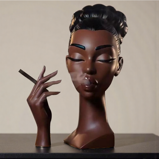Stylish black woman backflow incense burner releasing smoke from mouth and incense stick – modern home decor sculpture