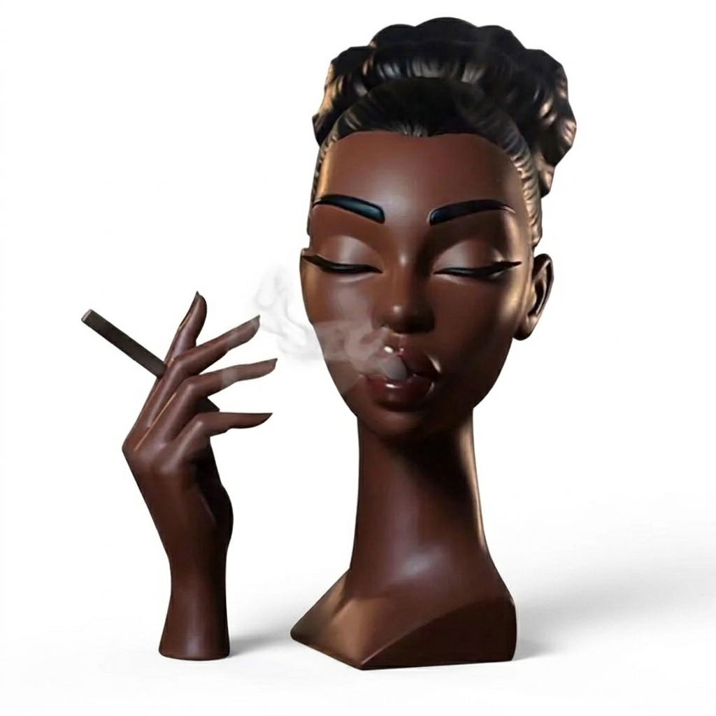 Dark brown resin incense burner shaped like a woman’s bust with closed eyes and a separate sculpted hand holding an incense stick, with smoke drifting softly from her lips against a white background.