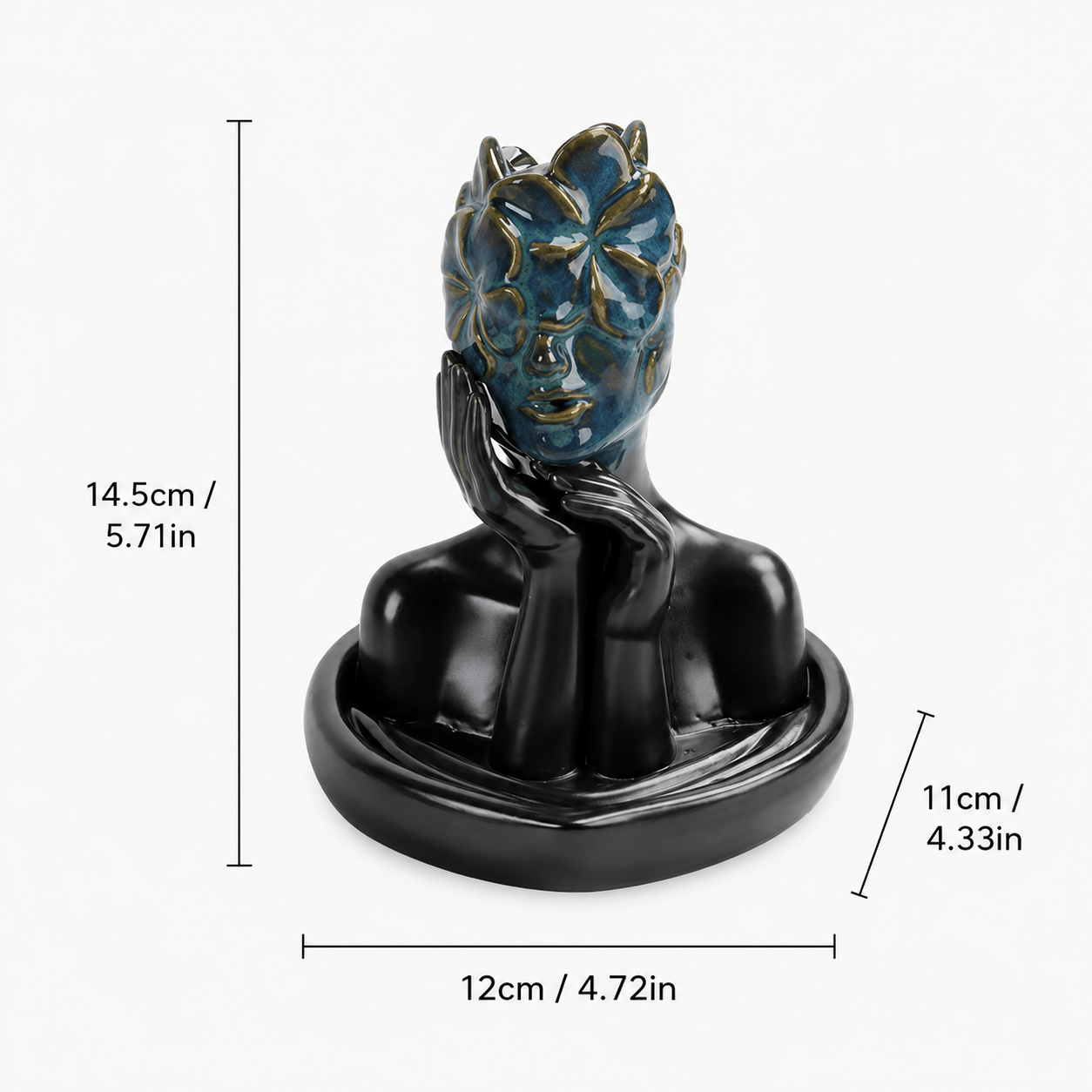 Dimensions of floral mask backflow incense burner with measurements 14.5cm height, 12cm width, 11cm depth