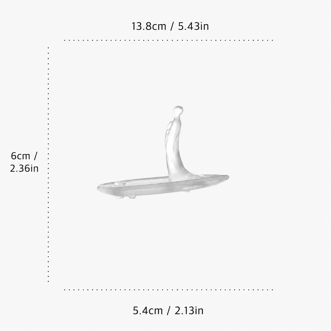Frosted glass incense holder with a minimalist human figure design, shown with size measurements of 13.8 cm long, 5.4 cm wide, and 6 cm high.