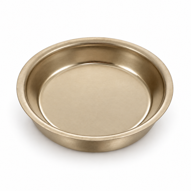 Round gold tone metal incense dish with a slightly flared rim, shown at an angle on a white background.