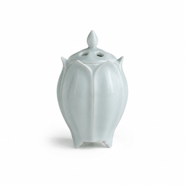 Green lotus shaped electric ceramic incense burner with a glossy finish on a white background